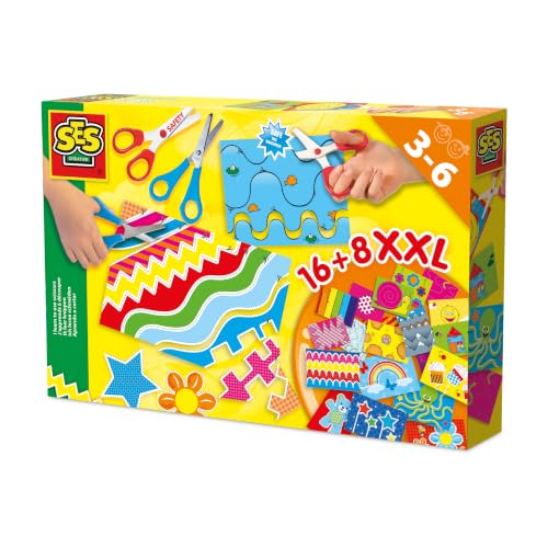 SES Creative | Schneideset für Kinder – Ich lerne Schneiden XXL | Mit Sicherheitsschere & Metallschere | 24 Schneideblätter | Fördert Feinmotorik | Kreatives Bastelspielzeug ab 3 Jahren | Geschenkidee