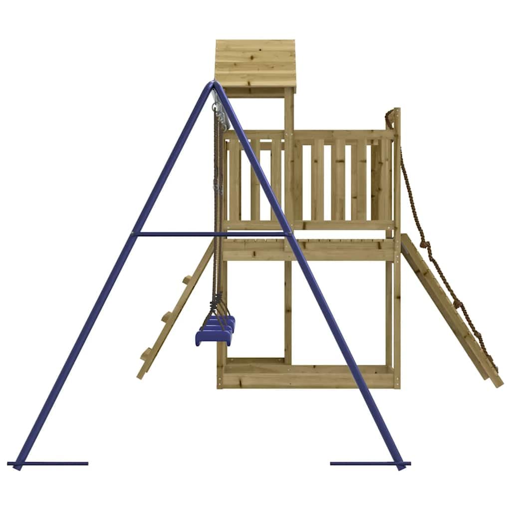 Torre da gioco in legno di pino impregnato con parete da arrampicata, doppia altalena, sabbiera e scala a maglia per giardino, parco giochi all'aperto, movimento e promozione delle capacità