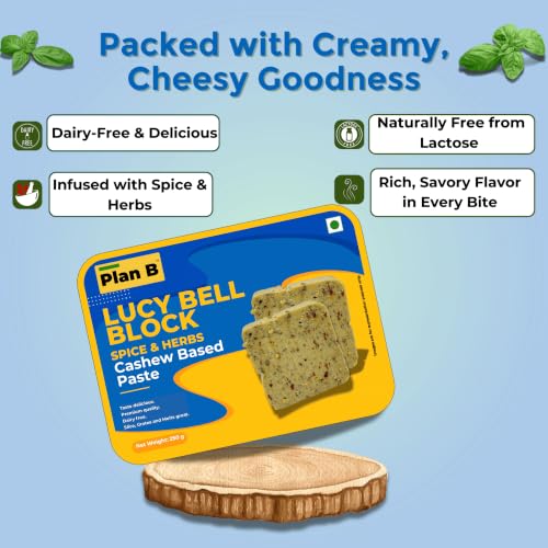 Image of Plan B Plant Based Lucy Bell Cheese - 250g | Spice & Herb Flavored | Plant-Based Cheese Block | Dairy-Free, Lactose-Free, -Friendly | Ideal for Sandwiches, Pasta, and Snacks