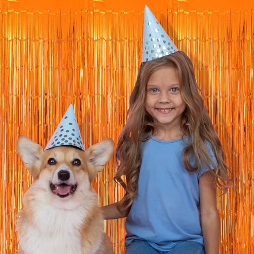Image of 5 Pack Orange Fringe Backdrop 3.2ft x 8.2ft Foil Curtain Tinsel Foil Fringe Curtains Backdrop Tinsel Backdrop Streamers for Birthday Party Decoration Wedding Halloween Christmas Decoration (Orange)