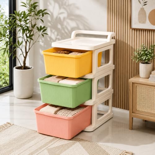 Image of Heavy Duty Plastic Storage Drawer with Wheels | Modular Cabinet for Bedroom, Office, Home or Classroom| Chest of Drawers Organiser for Cosmetics, Kitchen items, Toys (Multicolor, 3)
