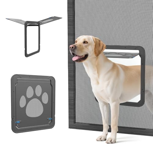 PETLESO Large Dog Door for Screen Door, Easy Install Lockable Pet Screen Door for Sliding Door, Doggy Screen Door, Gray, Inside size: 14''x12''