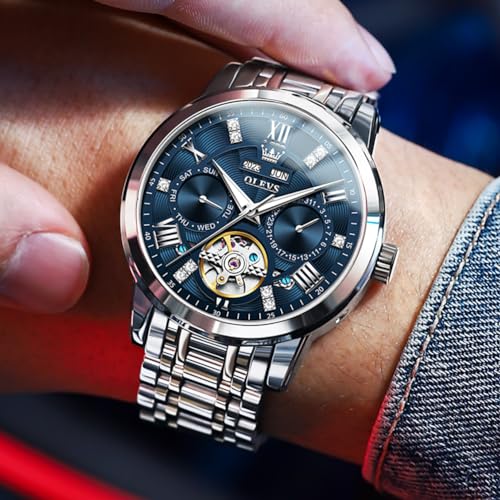 Image of OLEVS Automatic Watches for Men Self Winding Mechanical Skeleton Luxury Dress Stainless Steel Diamond Men Wrist Watches