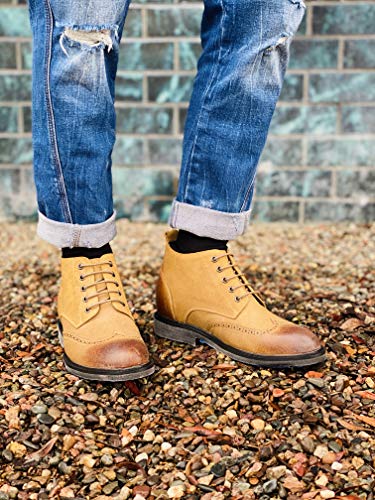Image of CALTO Men's Invisible Height Increasing Elevator Shoes - Light Brown Premium Leather Lace-up Lightweight Wing-tip Work Boots - 3 Inches Taller - S3652 - Size 6 D(M) US
