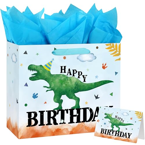 Yusenguan 13 Large Watercolor Dinosaur Birthday Gift Bag with Handles Greeting Card and Tissue Paper for Boys Girls Kids Birthday Party