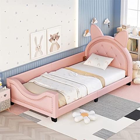 TRIPLE TREE Twin Daybed Frame with Cat Ears Shaped Headboard for Girls Boys, Pink Twin Bed Frame with Wood Slats Support, PU Leather Upholstered Daybed Frame for Bedrooms Cover