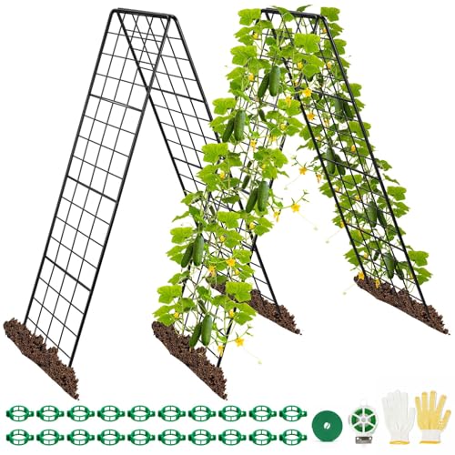 Heavy Duty 2 Pack 50'x17' Adjustable A-Frame Trellis for Climbing Plants Outdoor, Metal Rust-Proof Garden Trellis, Dense Grid Climbing Frame Trellis for Raised Beds, Cucumber, Tomatoes Outdoor