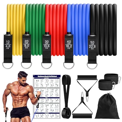 Fokky Kit Elastique Musculation avec 5 Niveaux Bande Élastique Musculation,Elastique Sport avec Grandes Poignées, Sangles de Cheville, Idéales pour Le Yoga,...