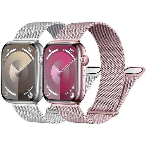 2 Stück Metall Armband für Apple Watch Armband 46mm 42mm 44mm 40mm 45mm 41mm 49mm 38mm, Mesh Uhrenarmband Verstellbares ...