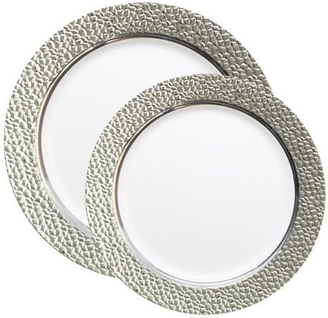 Posh Party Supplies | Upscale White with Silver Hammered Rim Plastic Plate Combo for 20 Settings | 20 10.25" Dinner Plates| 20 7.25" Salad Plates | 40 Piece Set