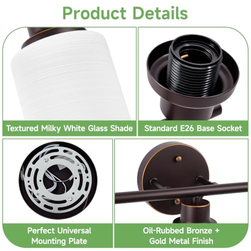 Image of 4-Light Bathroom Light Fixtures, E26 Oil-Rubbed Bronze Gold Vanity Lights for Mirror with Textured Milky White Glass Shade, Modern Kitchen Light Fixtures Wall Sconce Light