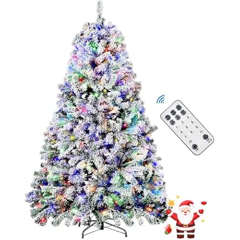 Fujampe 7.5ft Flocked Christmas Tree Prelit, Artificial Xmas Tree with Remote, 550 Warm White& Multicolored Lights, 1405 Tips, Timer (Warm White-Color Changing Lights, 7.5ft) Cover