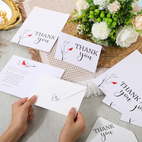 Marspark 100 Sets Funeral Thank You Sympathy Cards with Envelopes and Message Inside Memorial Card Bereavement Cards with Stickers for Funeral Loved Ones Celebration of Life(Cardinals) - Thumbnail 2