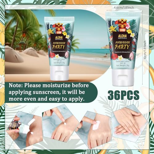 Image of 36 Pcs Travel Size Mini Sunscreen Bulk for Summer Vacation Spf 30 Water Resistant Sunscreen Lotion Sunblock for Thank You Gifts Hawaiian Wedding Pool Party Favor (Luau)