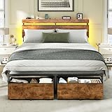 Forestell Full Size Bed Frame with Wood Headboard, Metal Platform Bed with 2 Storage Drawers & Shelf, Built in Charging Station & LED Lights, No Box Spring Needed, Vintage Brown, Camas Full