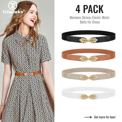 4 Pack Women Skinny Elastic Belt Ladies Fashion Leaf Alloy Buckle Stretchy Thin Waist Belt for Dresses2
