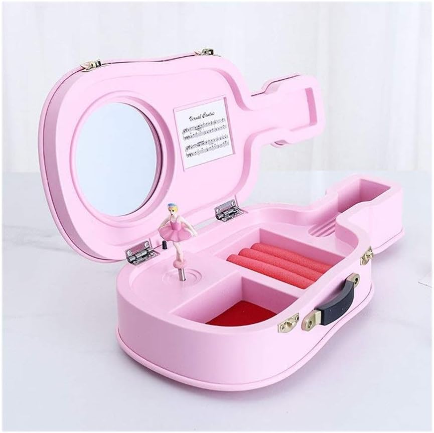 Music box Guitar-shaped Musical Ballerina Jewelry Storage Box,Creative Music Box with Mirror-Für Elise Tune,Great Birthday Gift Octave Music Box(Pink)