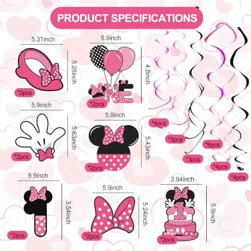 Image of Pink 1st Birthday Hanging Swirl Decorations,Mouse Birthday Party Ceiling Streamers,Pink Mouse Theme Party Supplies,Party Favors for Girls Kids(38 Pcs)