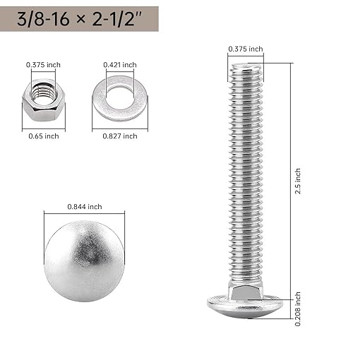 Miniatura 13 de Glvaner Tornillos de acero inoxidable de 3/8-16 x 3-1/2 pulgadas, cabeza redonda, cuello cuadrado, tuercas hexagonales y arandelas planas, acero