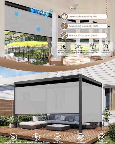 Image of Kincmo Motorized Outdoor Shades for Patio Porch, Custom Outdoor Motorized Blinds with Remote, Waterproof & Windproof Patio Shades Work with Apple Home,Alexa,Google (White Grey-1% Openness)