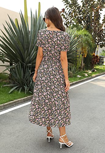 Image of NAVINS Womens Floral Print Modest Wedding Guest Midi Dress with Pockets | Puff sleeve tiered boho dress for summer, church, and vacations. Elastic waist, Below knee, hand or machine wash.