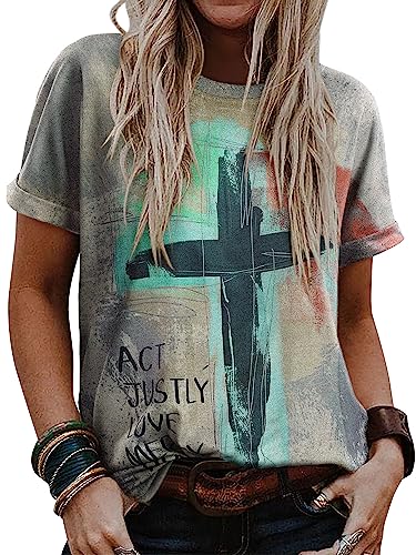 Christian T-Shirt Women Crewneck Short Sleeve Cross Letter Print Graphic Tops2