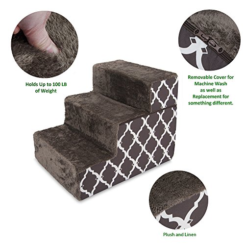 Image of Best Pet Supplies 3-Step Foldable CertiPUR-US Certified Foam Pet Stairs /Steps, 21 x 16 x 16.5-Inch, Chocolate Brown with Lattice Print
