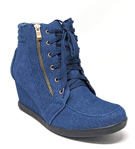 Forever Link Kaipo-88 Women's Fashion Round Toe Lace Up Hidden Wedge Sneaker Booties (Blu_Jean-56, Numeric_7) #TOP25