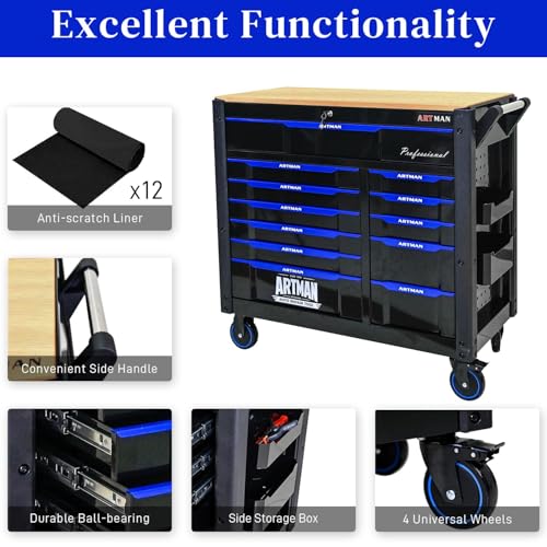 WTRAVEL Heavy Duty Rolling Tool Chest with 12-Drawer Tool Cart Mechanic Tool Box with Wheels Tool Storage Cabinet Mobile Workbench Tool Bench for Garage, Workshop, Warehouse, Repair Shop, Wood Top
