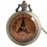 Joielavie Taschenuhr, Eiffelturm, Blume, Glas, getönt, arabische Ziffern, Blumenmotiv, Quarz, Halskette, Legierung, Vintage-Stil, romantisches Geschenk für Herren und Damen