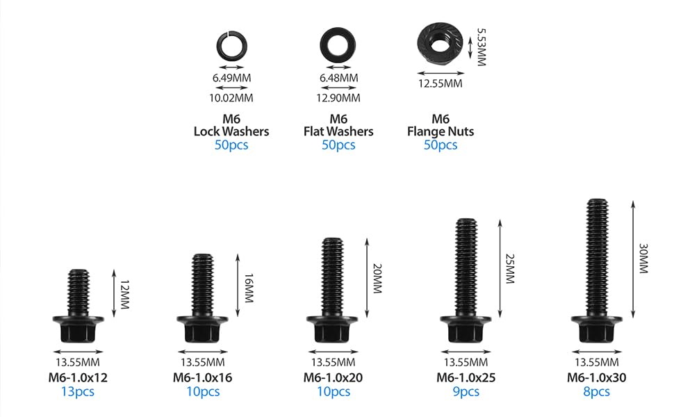 Image of Black Metric Nut Bolt and Washer Kit, 200 Pieces M6-1.0 x 12 /16 /20 /25 /30mm Flange Hex Head Bolt Serrated Flange Nut Washer Kit, Grade 10.9 Alloy Steel