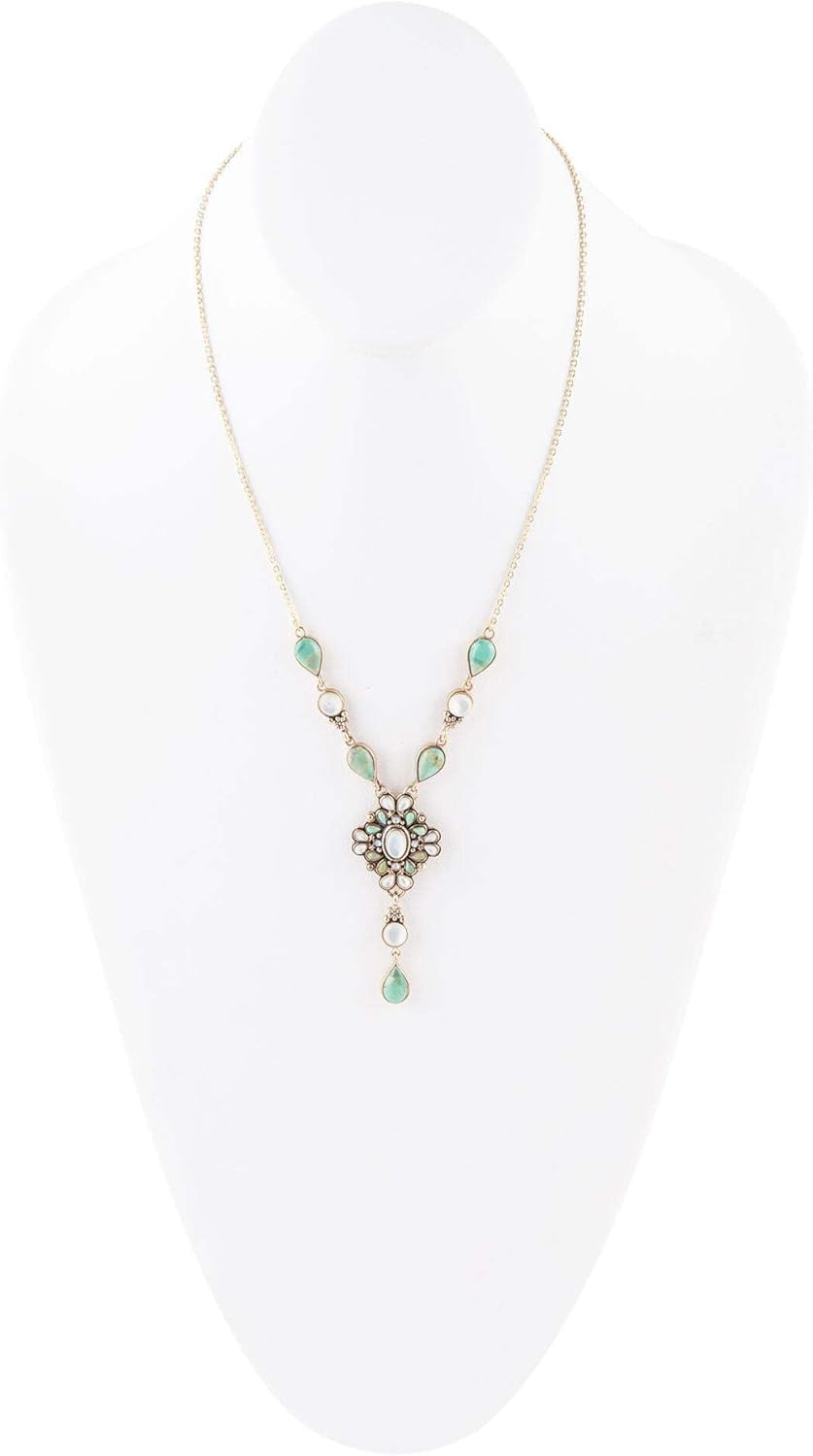Barse Jewelry White Mother of Pearl and Blue Turquoise Golden Barcelona Y-Necklace