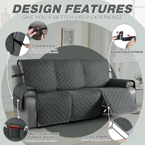 Image of TAOCOCO 100% Waterproof Recliner Covers, Recliner Sofa Covers with Leg Straps, Reversible Recliner Couch Cover for Reclining Chair, Washable Couch Protector for Pets Kids(3 Seater, Dark Gray)