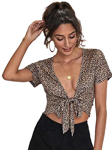 SheIn Women s Leopard Print Blouse Short Sleeve V Neck Tie Front Crop Shirt Top Multicoloured Small
