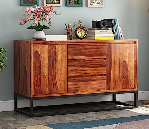 Image of Solid Sheesham Wood Wooden Sideboard Storage Cabinet : Ideal for Living Room and Bedroom with 3 Drawers and 2-Shelf Storage (Ray, Honey Finish)