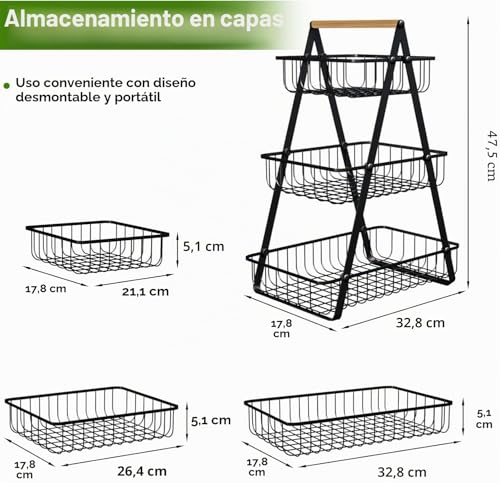 Miniatura 4 de Sonhomay Cesta De Frutas De 3 Niveles Para Encimera, Cesta De Verduras Con Asa De Madera, Cuenco De Frutas Escalonado, Organizador De Cocina Para Pan, Verduras, Frutas, Refrigerios, Cebolla, Patata