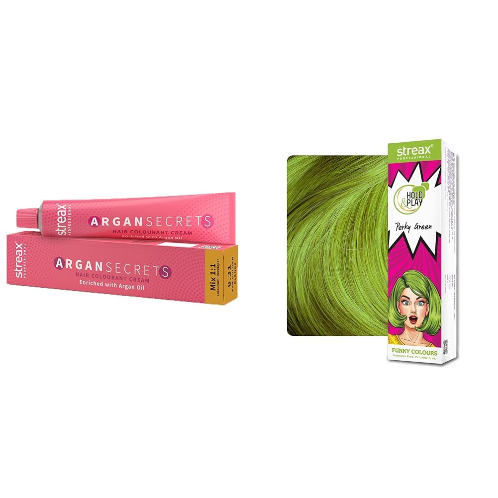 Streax Professional Argan Secrets Permanent Hair Colourant Cream - Ash Golden Blonde 8.31 (Enriched with Argan Oil) For All hair types, 60 gm Hold & Play Funky Colour, Hair Color, 100g - Perky Green