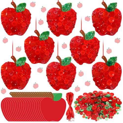 PullCrease 24 Set Back to School Crafts Fall Apple Craft Kit with 1500 Red & Green Buttons and Ribbon - Easy DIY Fall Decorations Hanging Apple Craft Set for Classroom Party & Autumn Events