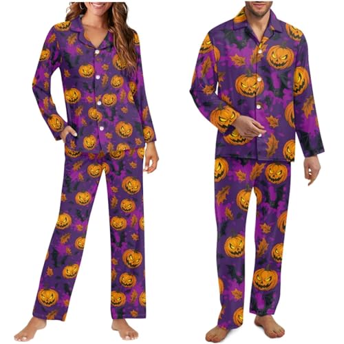 Matching Pajamas Pants for Couples Long Sleeve Sleepwear with Pockets Button Up Pjs Set for Men and Women