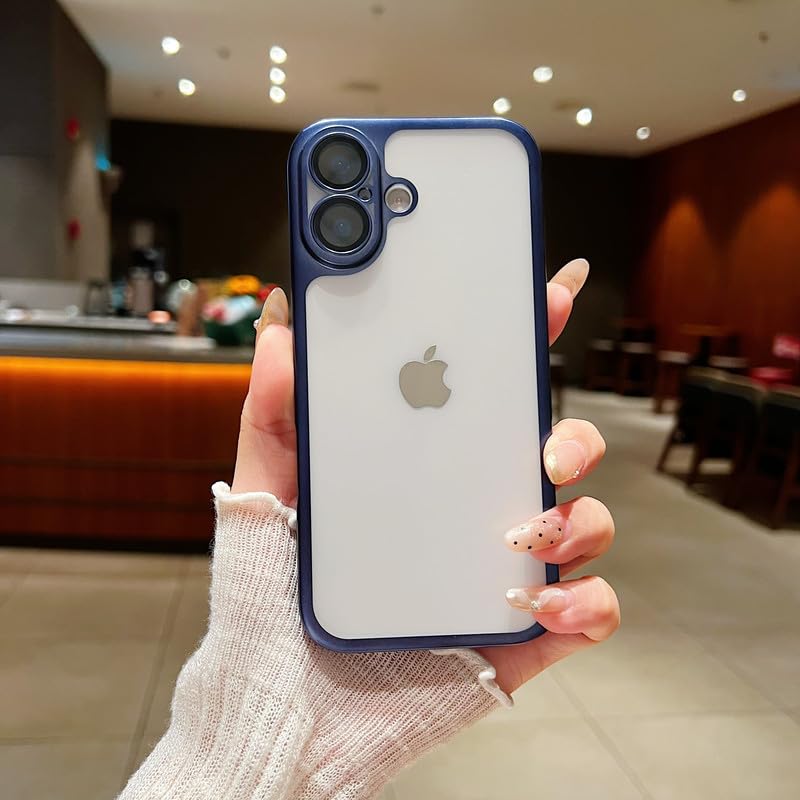 Image of LuxuryKase Hybrid Frosted Clear Case for iPhone 17 | Matte Hard Back Cover | Metallic Frame | Shockproof Slim Design | Anti-Fingerprint | in-Built Camera Lens Protection - Blue