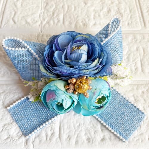 Image of ADIKALA Handmade Artificial Big Peonies 3 Flower Bunch for Trousseau Packing, Ready to use Flower Brooch Hamper for Decoration, Gift Wrapping Flowers (3, Blue Jute)