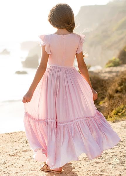 Girls O-Neck Chiffon Dresses Tiered Boho Flower Girl Ruffle Sleeve Lace Ruched A-Line Maxi Wedding Party Dresses4