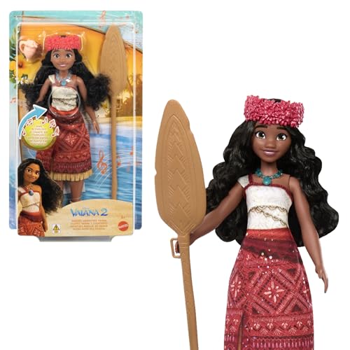 Mattel Disney “Vaiana 2” Aventura musical de Vaiana Muñeca con atuendo característico y accesorios, canta “We're Back” en cuatro idiomas: Inglés, Francés, Portugués, Español, JBT62
