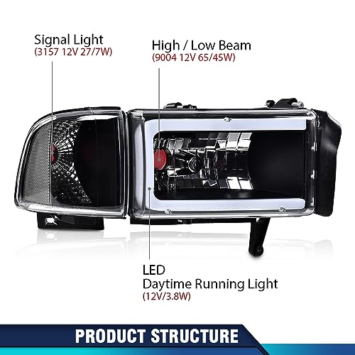 PIT66 Pair Headlight LED Light Strip w/o Bulbs Compatible with Dodge Ram 1500 1994-2001/Ram 2500 3500 1994-2002 (Not Fit Sport & Ram Van Model) Headlamps Clear Lens Black Housing Clear Refelector - Image 5