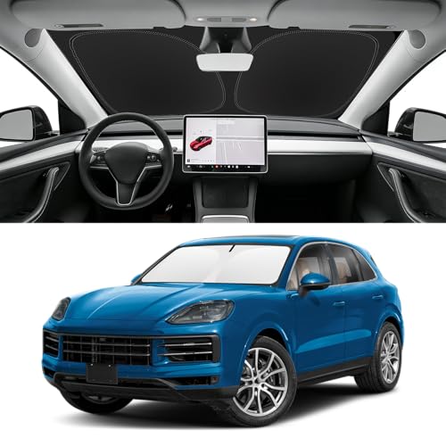 Image of Custom Fit Windshield Sun Shade for Porsche Cayenne 2019-2026 | Blocks UV Rays and Sun Heat, Helps Reduce Interior Temperature, Protects Dashboard from Fading, Folds Easily for Storage