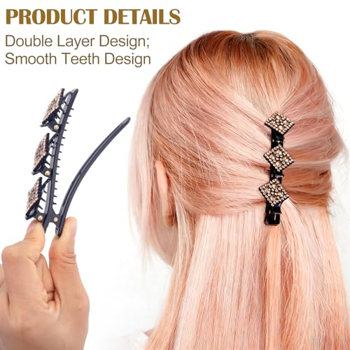 HINZIC 3 Pzs Pinzas trenzadas para cabello para mujer, doble capa con brillantina y cristales, antideslizantes, para uso diario y fiestas - Champagne, Gris y Morado miniatura 3