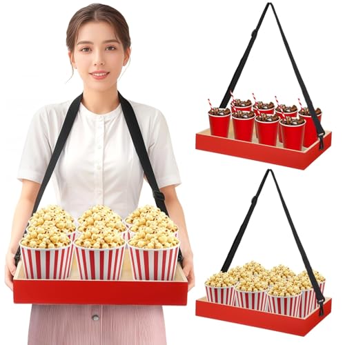 2 bandejas de aperitivos de madera roja con correas ajustables para el hombro, palomitas de maíz retro y soportes para bebidas para fiestas y eventos