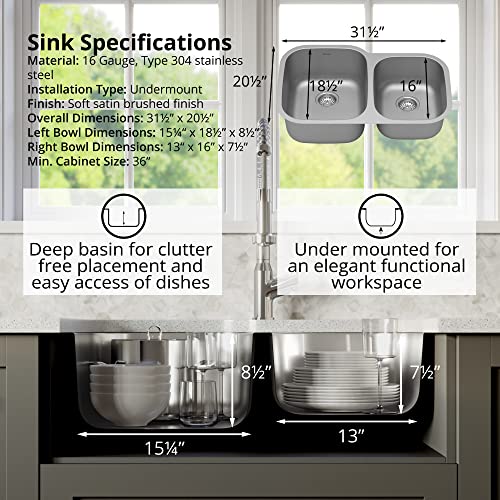 Karran 32" Undermount 16-Gauge Stainless Steel 60/40 Double Bowl Kitchen Sink Kit #TOP3