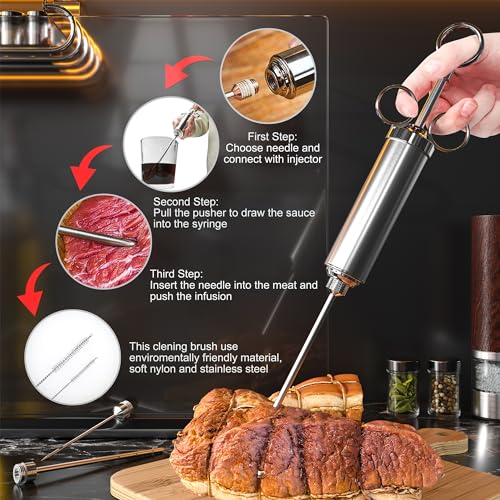 Foto von Edelstahl Fleischspritze, Marinierspritze, BBQ Bratenspritze mit 3 Nadeln, 60 ml Gewürzspritze für Rind, Huhn, Gebäck mit Marmelade zu befüllen, 304 Edelstahlausführung (Silber)