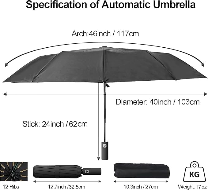 Image of Alexvyan 12 Ribs Car Large Travel Auto Open /Close Umbrella Windproof for Rain & Sun UV Protection, Strong Umbrella for Men & Women, Wind Resistant, Portable Folding Umbrellas for Backpack